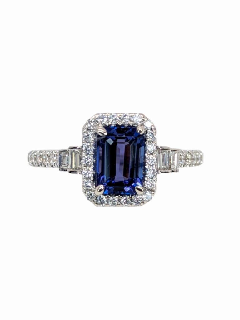 121ct 7x5mm Tanzanite Ring With Natural Diamond Halo In Solid 14k White Gold 1733$